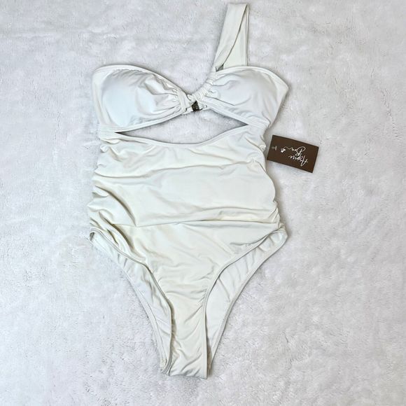 Envya Gina Asymmetric One Piece Swimsuit Oasis White Cream Cut Out Size Large - Picture 2 of 7